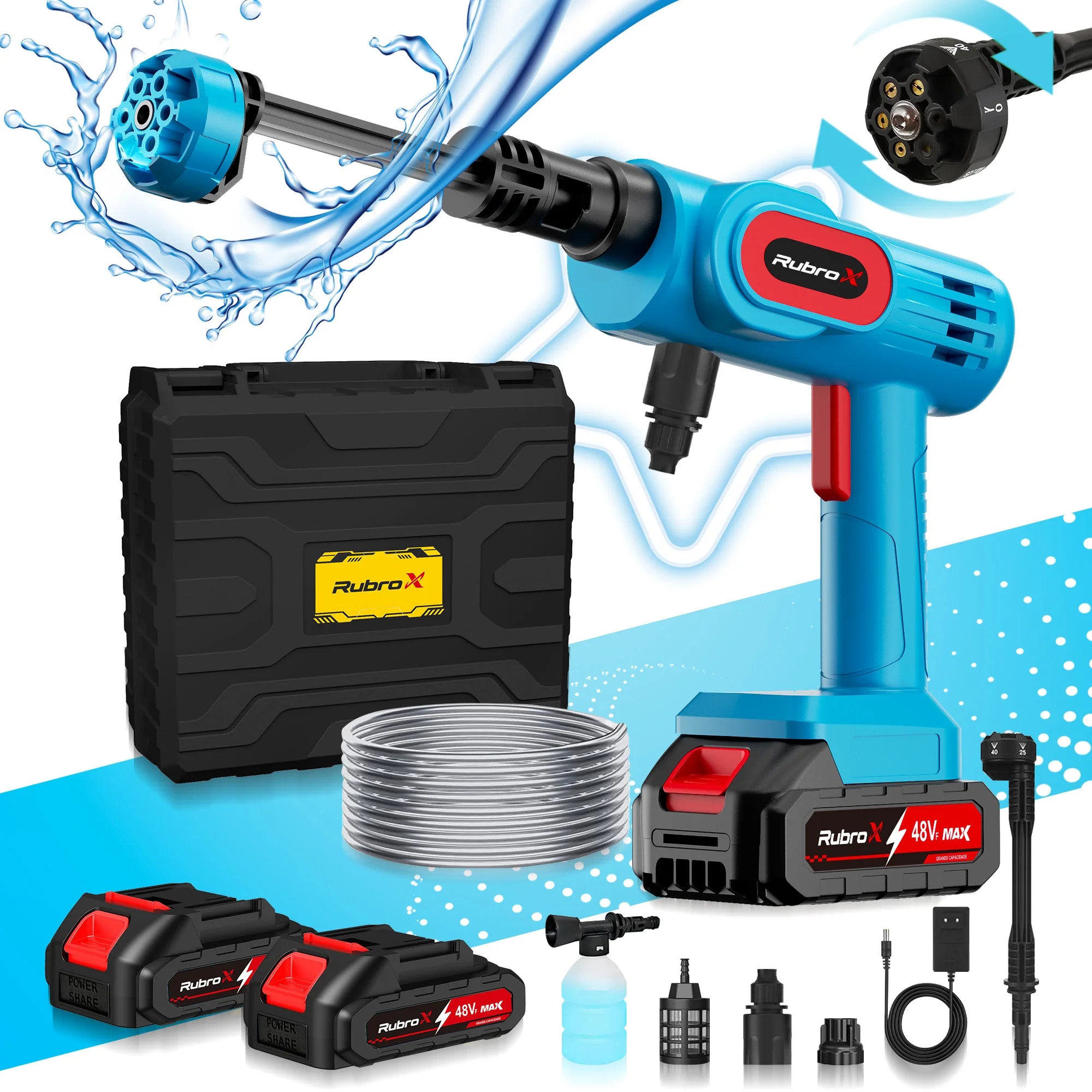 Rubrox High Pressure Washer RubroX Wireless-2 Batteries, 6 in 1 Nob Ideal for Car and Garden