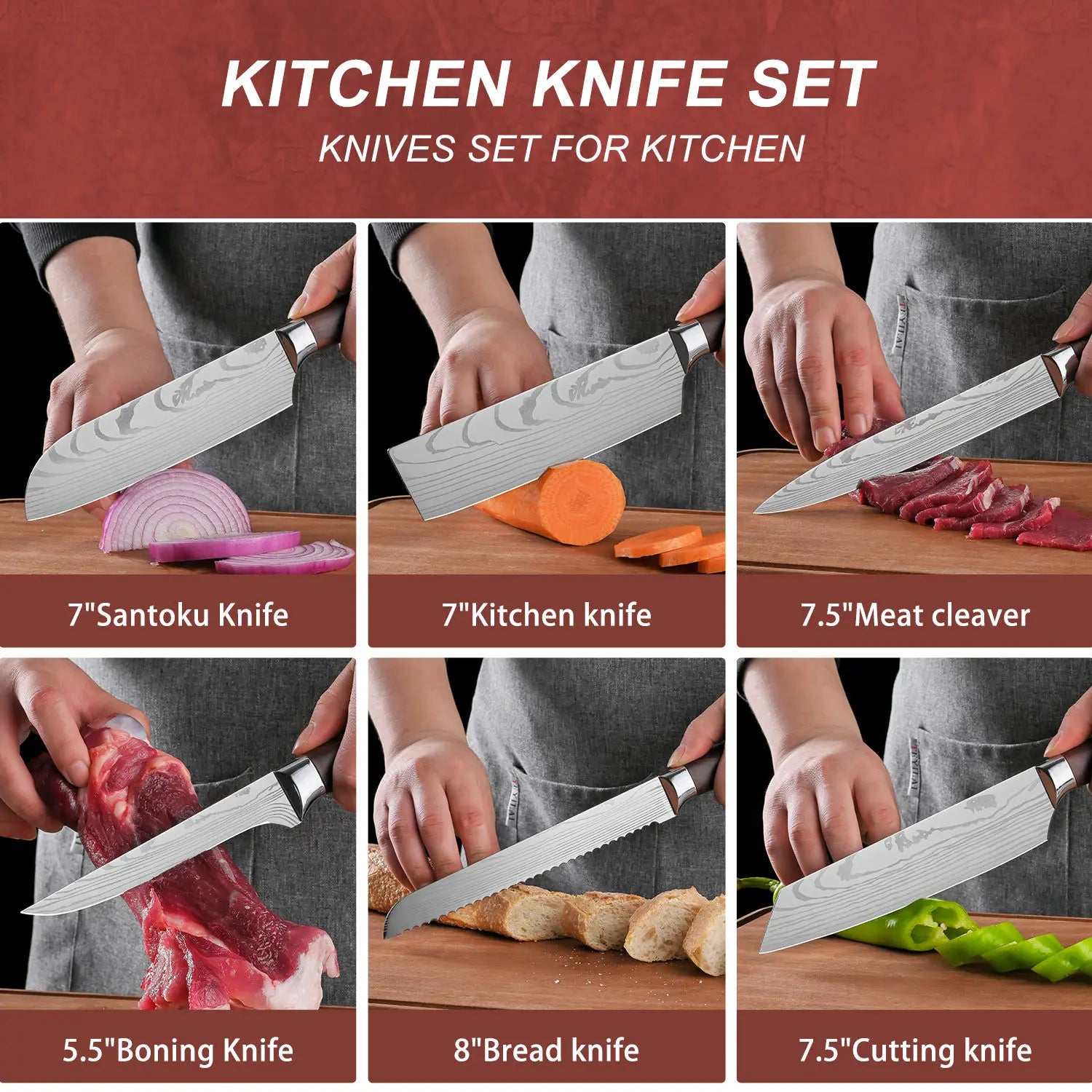 Durable 7 Pieces Japanese Kitchen Knife Set Stainless Steel Professional Chef Santoku Knife Set