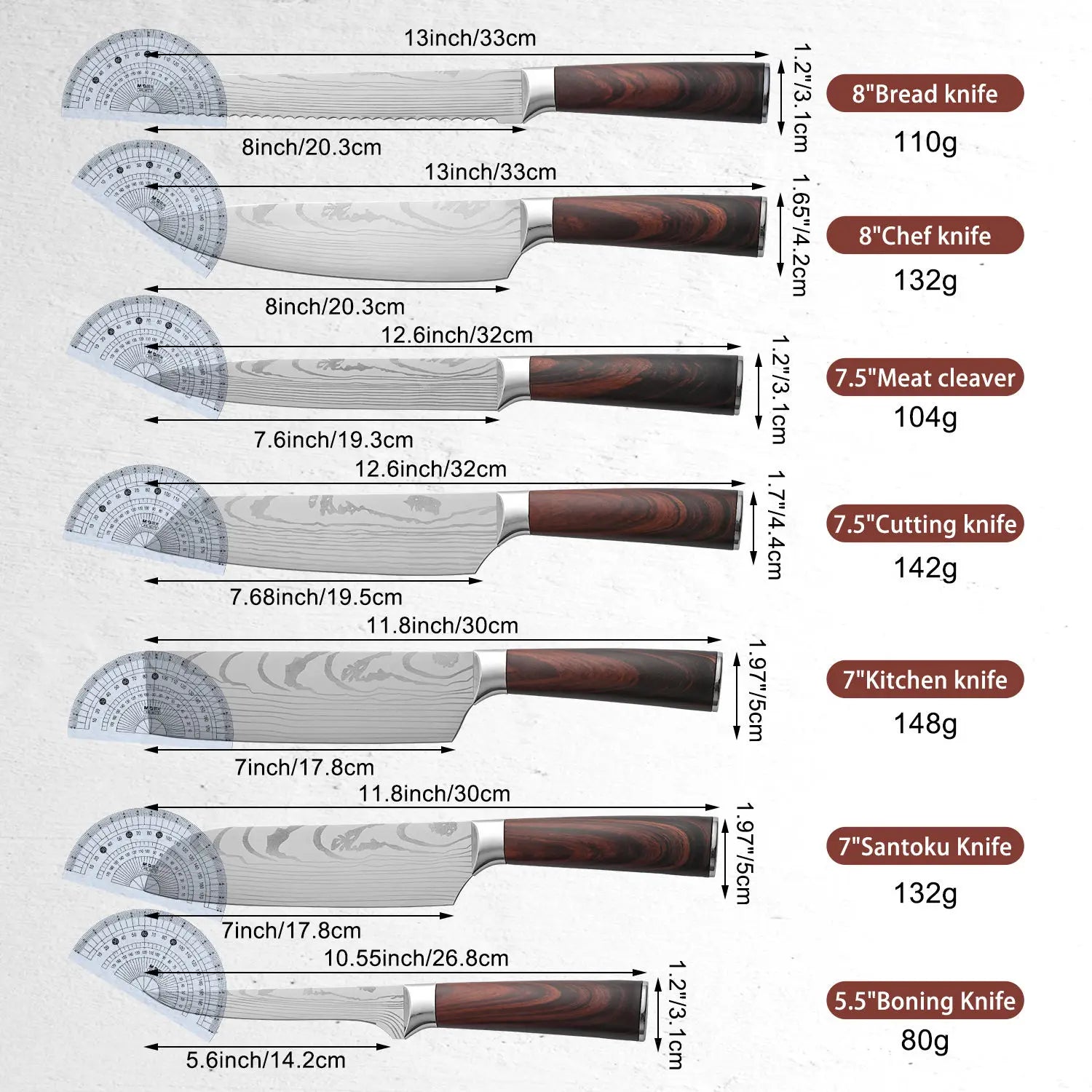 Durable 7 Pieces Japanese Kitchen Knife Set Stainless Steel Professional Chef Santoku Knife Set