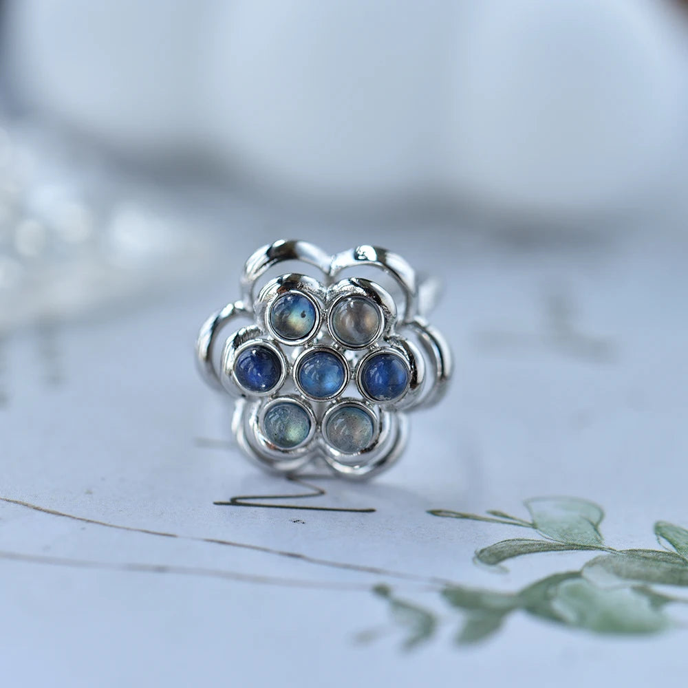 ITSMOS Natural Labradorite Relax Rotatable Rings Flower Style Gemstone Blue Simple Elegant Jewelry Band Energy Rings for Women