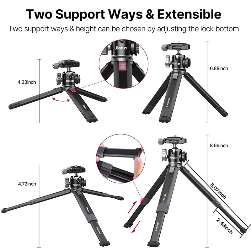 Ulanzi MT-24 Vlog Lite Metal Tripod With Ballhead Extendable 1/4'' Tripod Monopod Cold Shoe Arca Quick Swiss 2.5KG Max Load