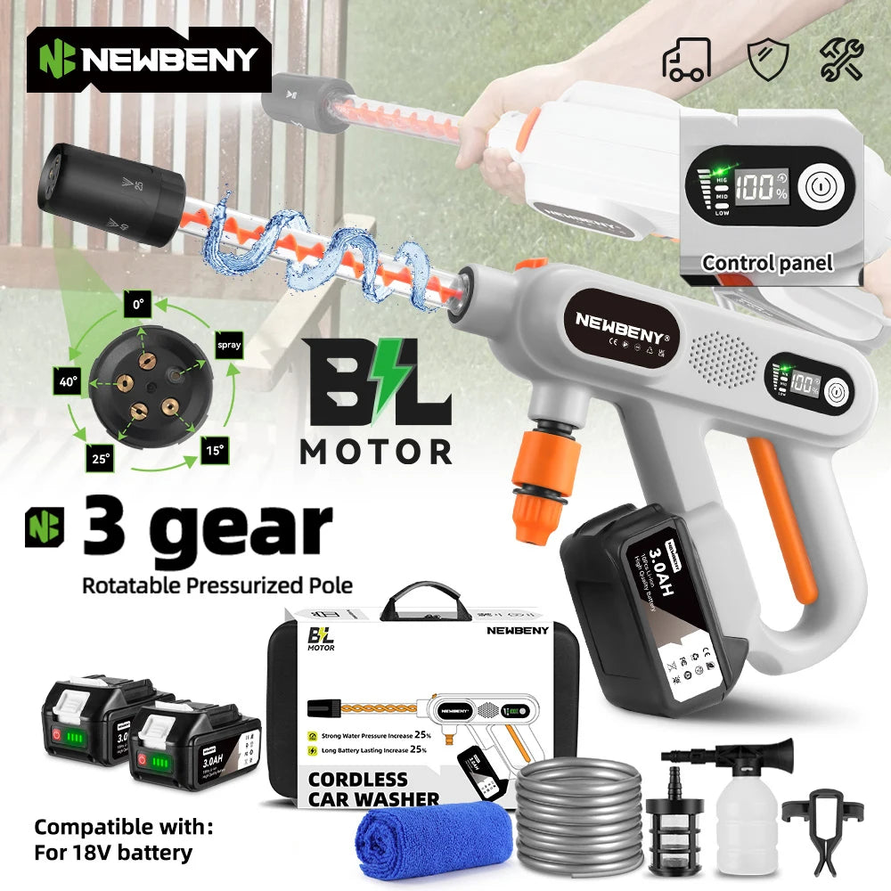 NEWBENY 220Bar Brushless High Pressure Power Car Washer Gun 3 Gears Cordless Garden Clean Spray Gun For Makita 18V Battery Pin