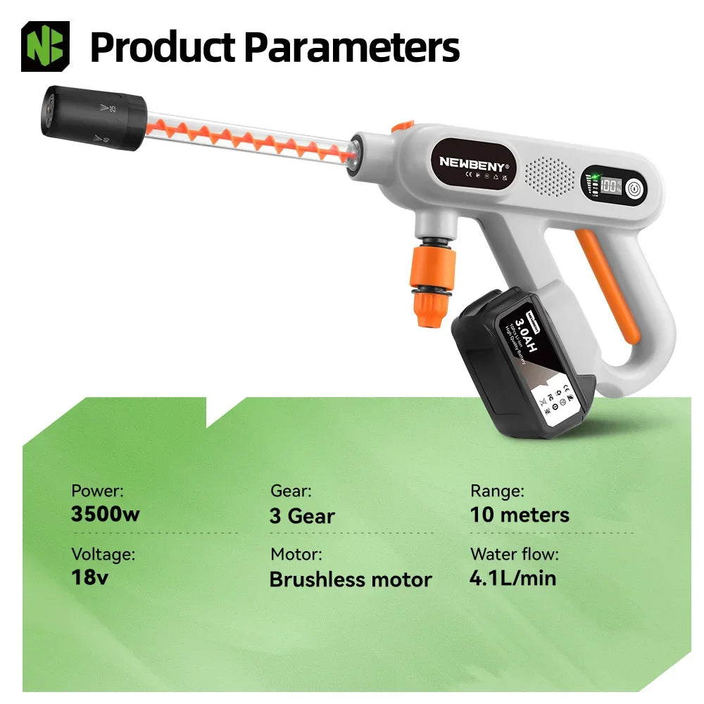 NEWBENY 220Bar Brushless High Pressure Power Car Washer Gun 3 Gears Cordless Garden Clean Spray Gun For Makita 18V Battery Pin