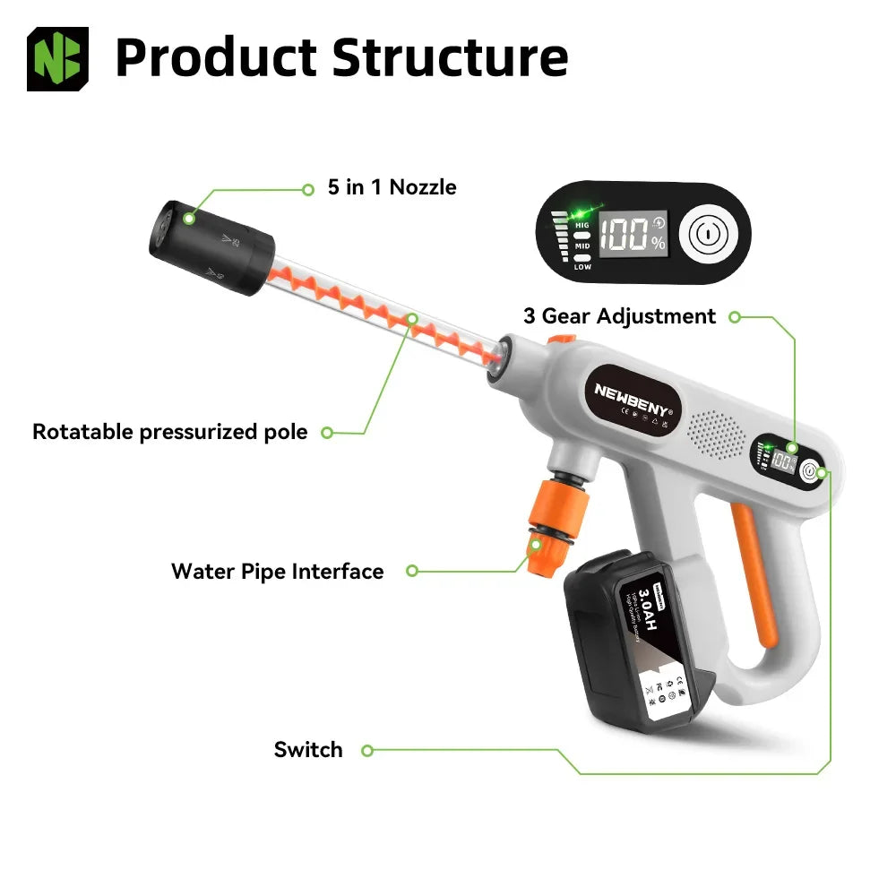 NEWBENY 220Bar Brushless High Pressure Power Car Washer Gun 3 Gears Cordless Garden Clean Spray Gun For Makita 18V Battery Pin