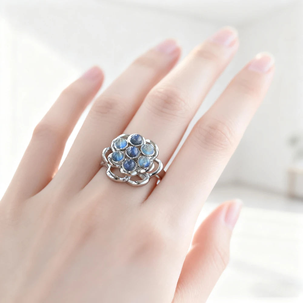 ITSMOS Natural Labradorite Relax Rotatable Rings Flower Style Gemstone Blue Simple Elegant Jewelry Band Energy Rings for Women