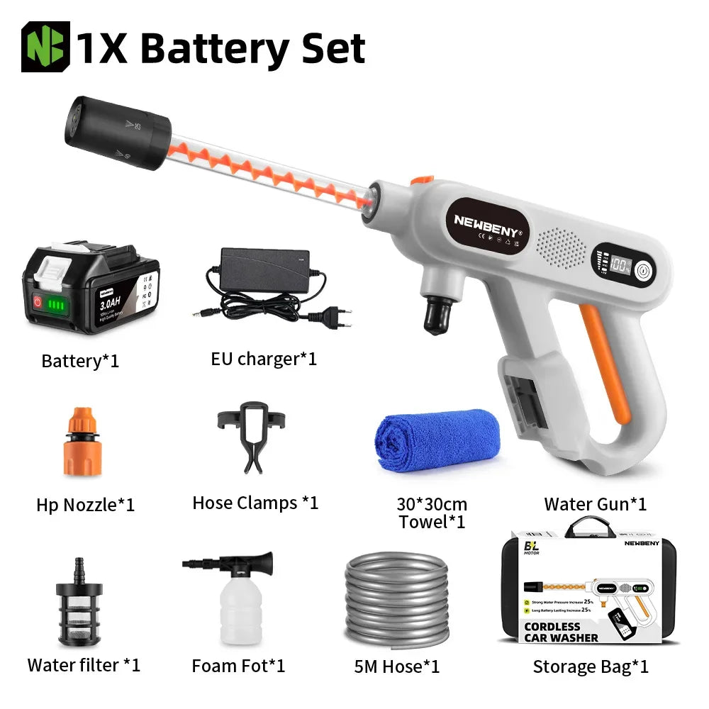 NEWBENY 220Bar Brushless High Pressure Power Car Washer Gun 3 Gears Cordless Garden Clean Spray Gun For Makita 18V Battery Pin