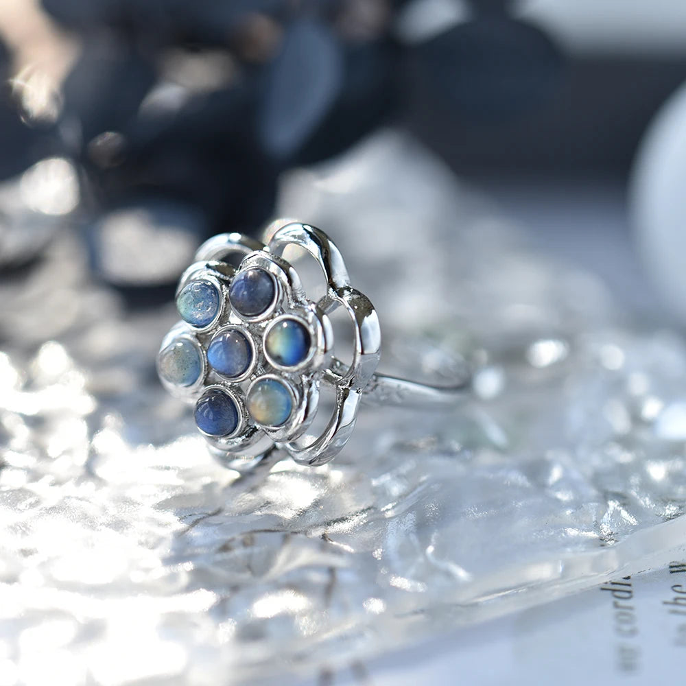 ITSMOS Natural Labradorite Relax Rotatable Rings Flower Style Gemstone Blue Simple Elegant Jewelry Band Energy Rings for Women