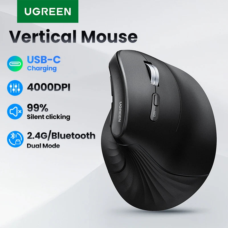 UGREEN Vertical Mouse Wireless Bluetooth5.0 2.4G Ergonomic 4000DPI 6 Mute Buttons for MacBook Tablet Laptops Computer PC Mice
