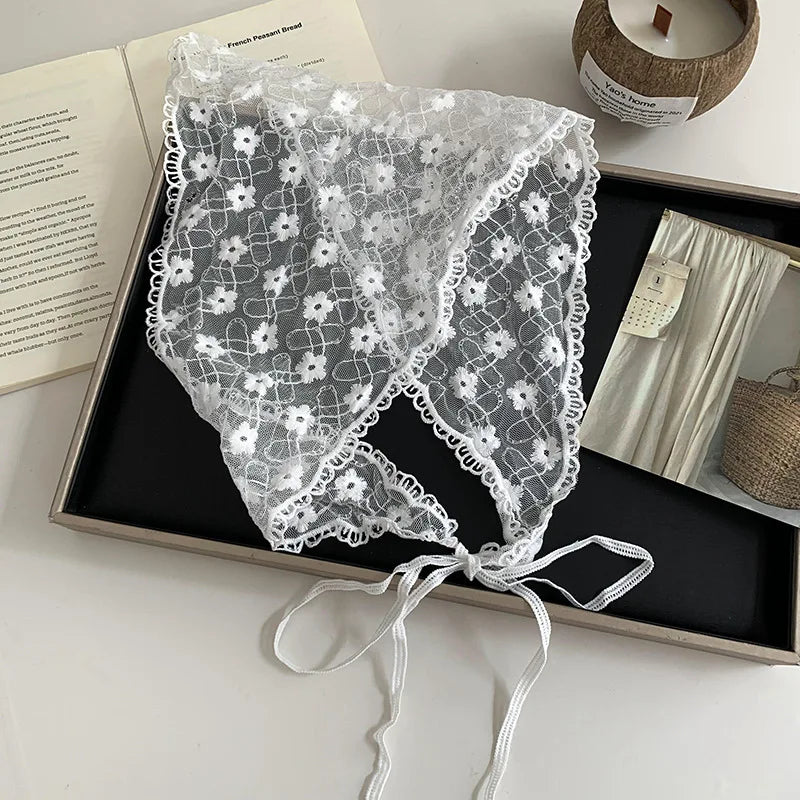 White Woven Floral Lace Hair Scarf Wraps Women Retro Triangle Headscarf Hat Travel Photo Headband Hair Accessories