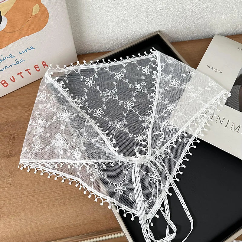 White Woven Floral Lace Hair Scarf Wraps Women Retro Triangle Headscarf Hat Travel Photo Headband Hair Accessories