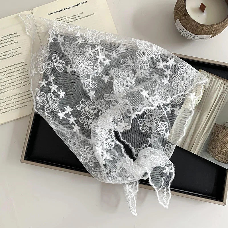 White Woven Floral Lace Hair Scarf Wraps Women Retro Triangle Headscarf Hat Travel Photo Headband Hair Accessories