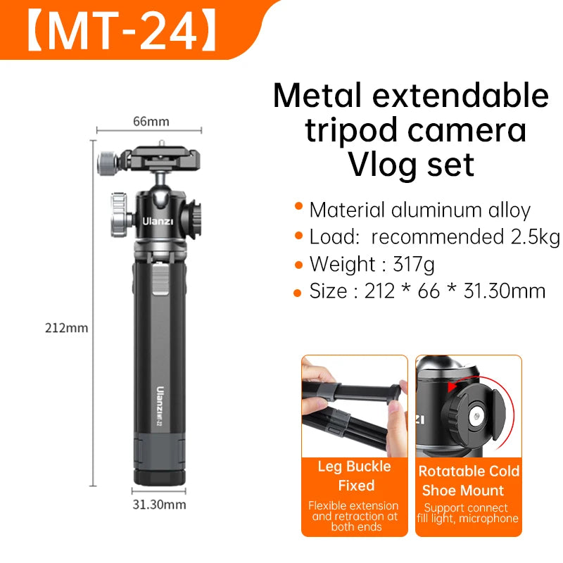 Ulanzi MT-24 Vlog Lite Metal Tripod With Ballhead Extendable 1/4'' Tripod Monopod Cold Shoe Arca Quick Swiss 2.5KG Max Load