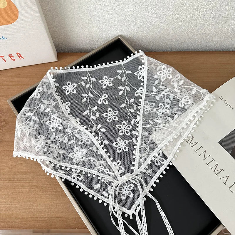 White Woven Floral Lace Hair Scarf Wraps Women Retro Triangle Headscarf Hat Travel Photo Headband Hair Accessories